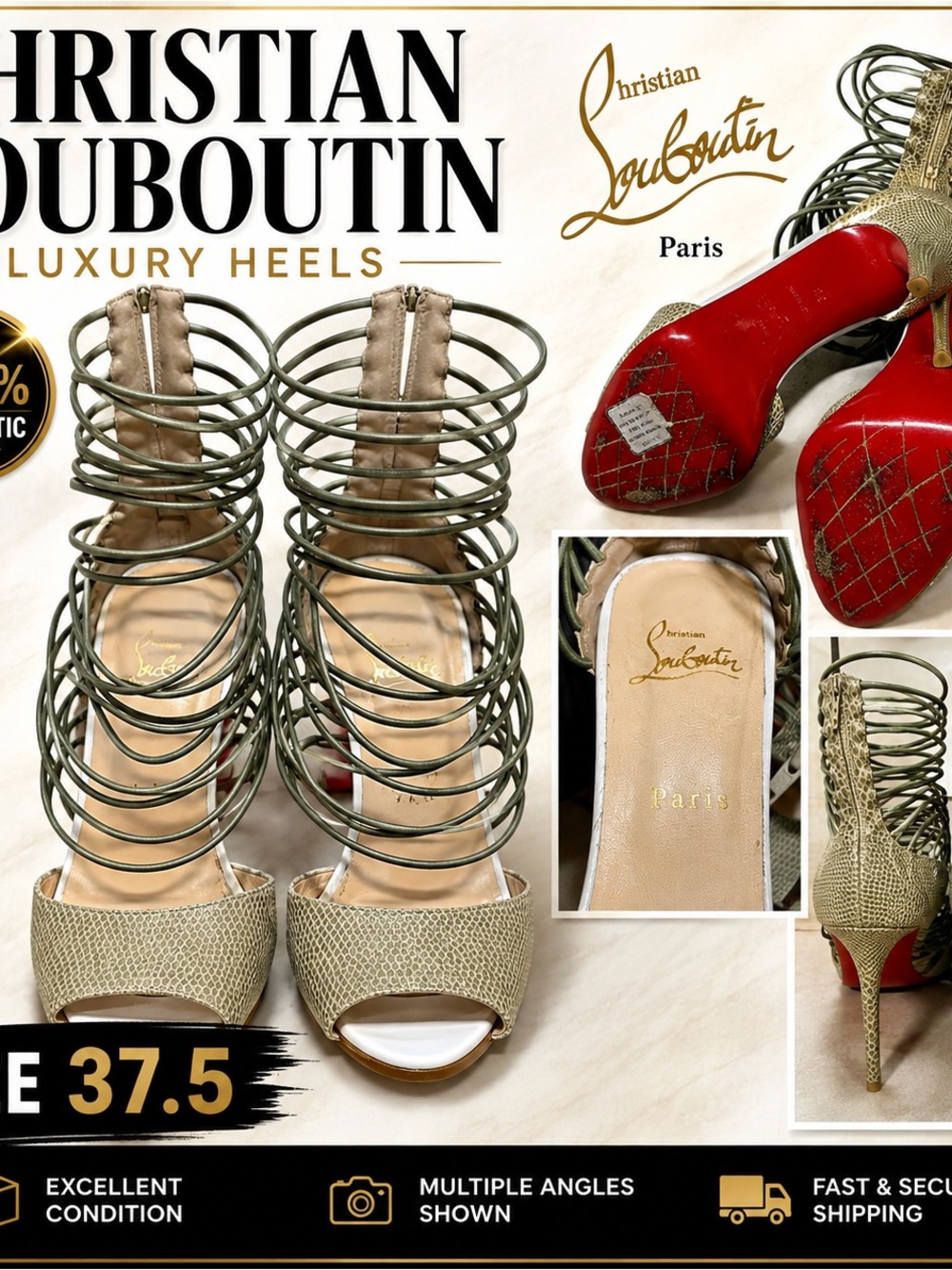 Christian Louboutin Olive Green Spiral-Strap High Heels with Red Soles